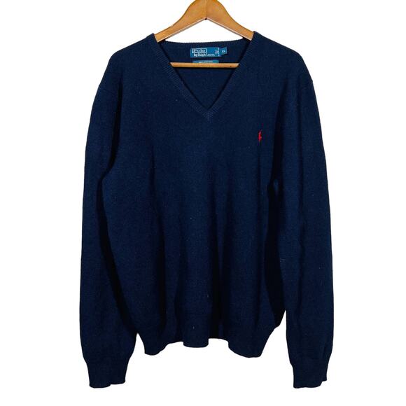 Vintage 90s Polo Ralph Lauren Lambswool V NEck Sweater Blue = XL - Picture 1 of 4